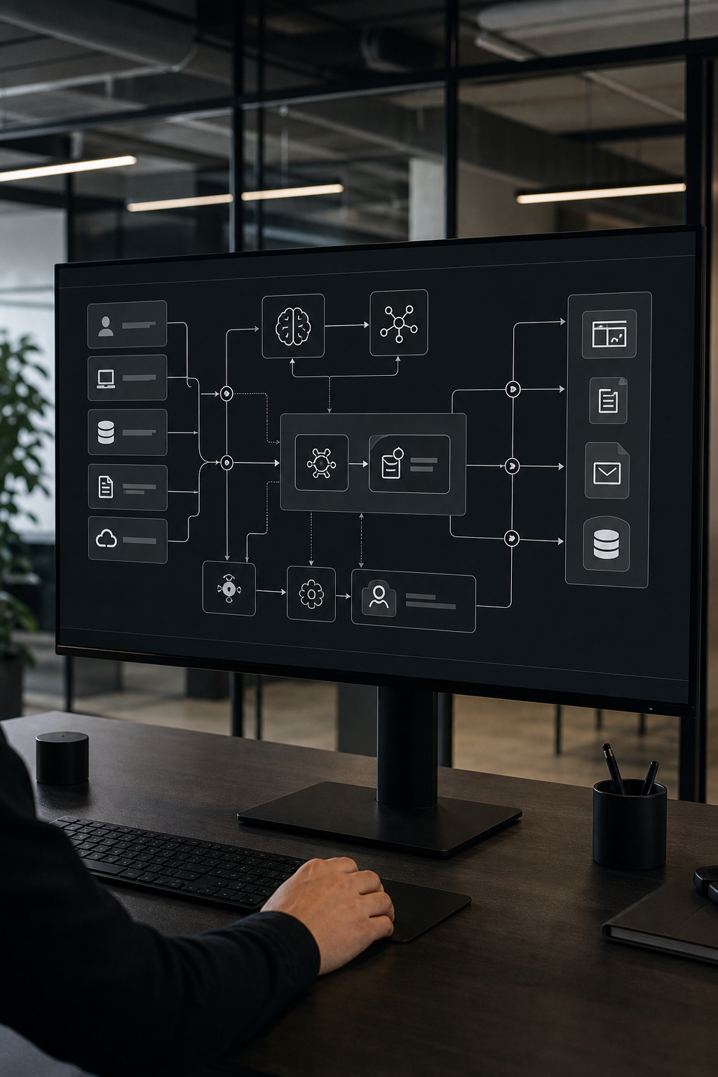 A photorealistic wide-angle shot of an enterprise software architecture diagram displayed on a large monitor in a modern tech office, showing interconnected systems with data flow arrows and integration nodes. Alt: Enterprise AI workflow automation integration architecture diagram on office monitor.