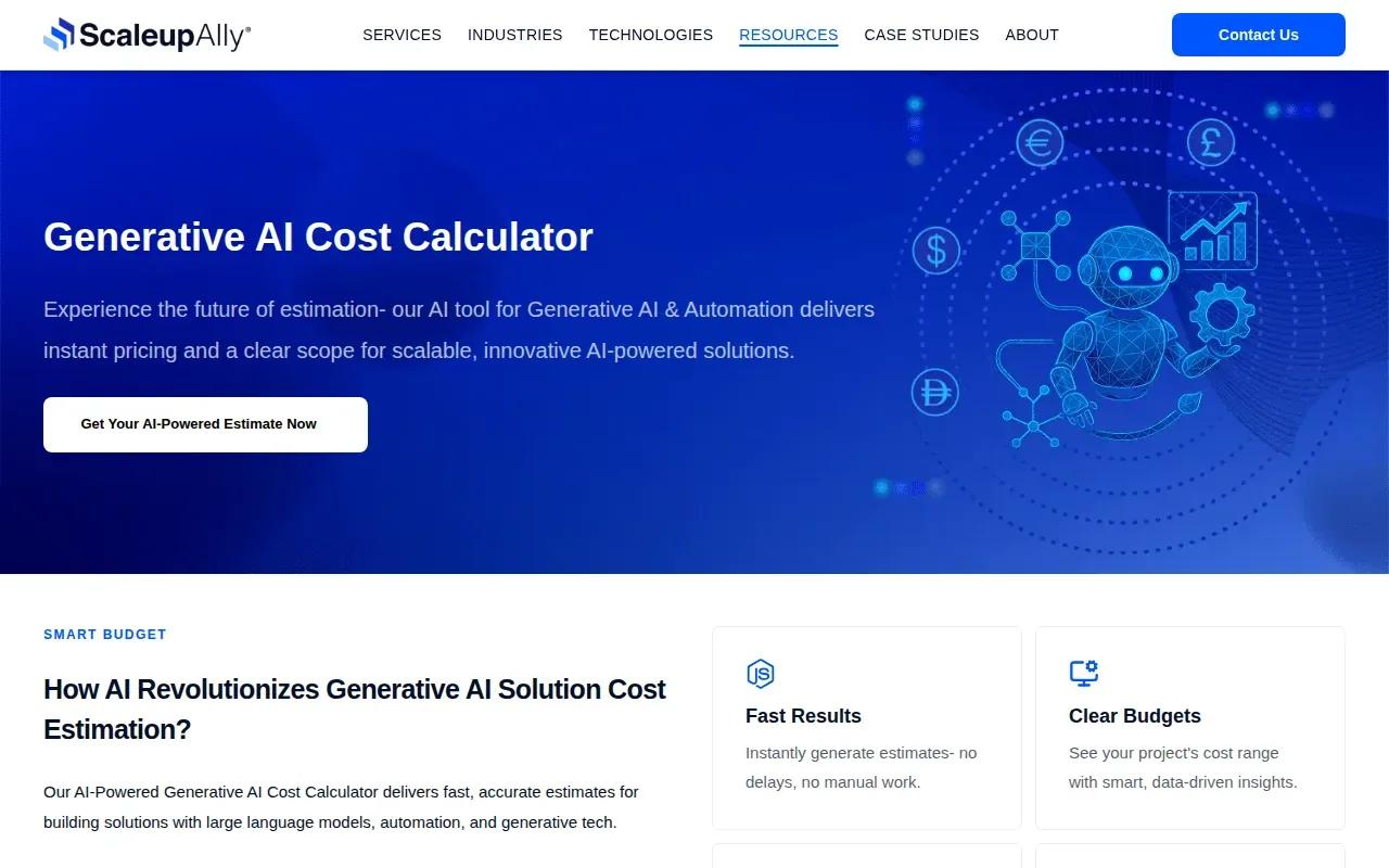 Screenshot of the Generative AI Cost Calculator by ScaleupAlly website