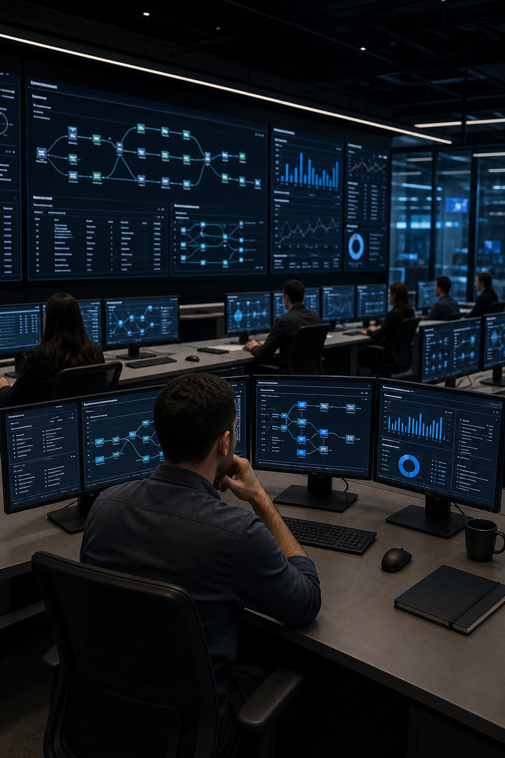 A high-tech enterprise operations center with multiple screens displaying AI workflow dashboards and data pipelines, realistic and professional atmosphere with dark blue tones. Alt: Enterprise AI orchestration platform dashboard in a large operations center.