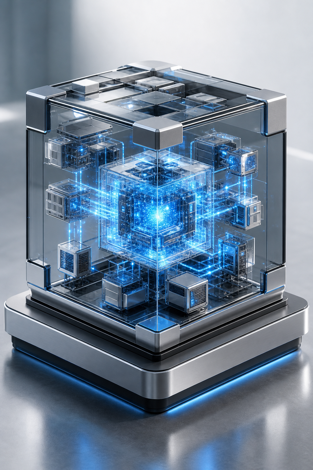 A photorealistic editorial diagram-style illustration showing multiple interconnected AI agent nodes arranged in a collaborative network structure, rendered in dark teal and silver tones with glowing connection lines between specialized components labeled with roles like risk analysis and communication, set against a deep blue enterprise environment. No text overlays, no people, no product labels. Alt: Multi-agent enterprise AI architecture showing specialized AI components collaborating with governance and audit layers.