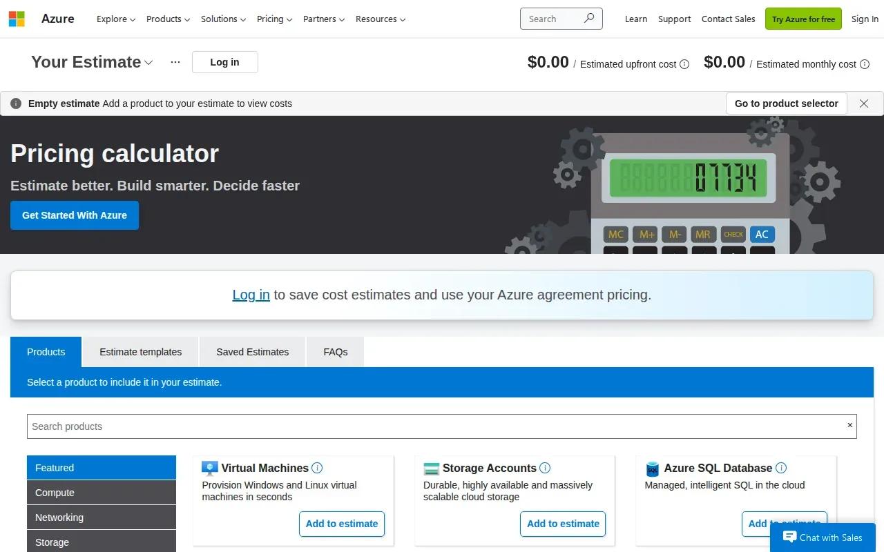 Screenshot of the Azure Pricing Calculator by Microsoft website