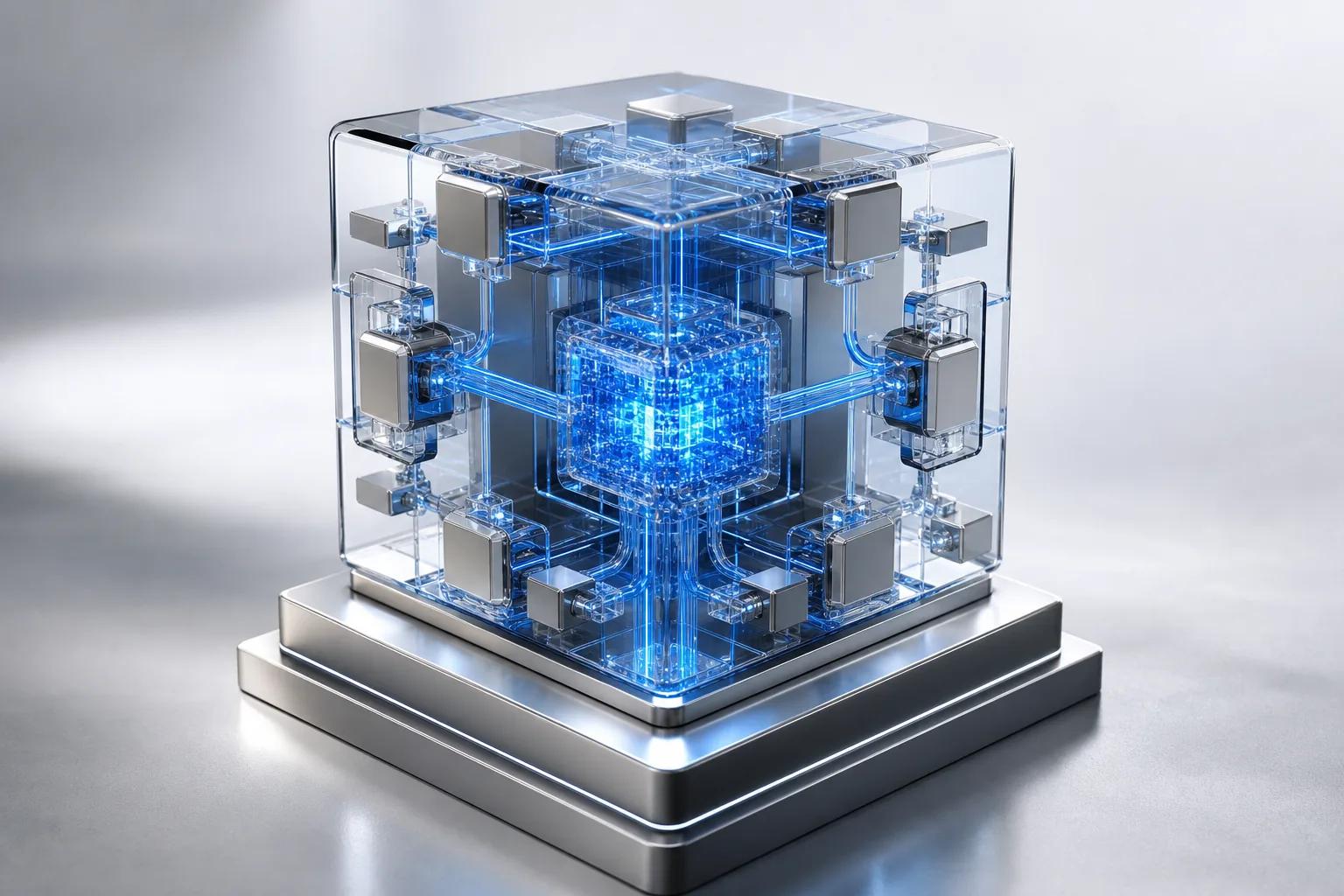 Abstract illustration of a glass and silver cube with blue light on a pedestal