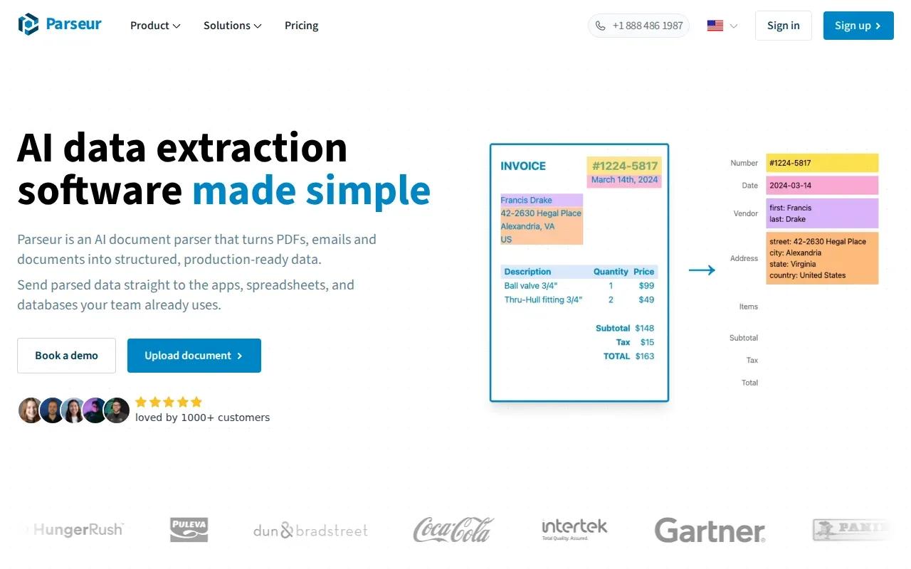 Screenshot of the Parseur website