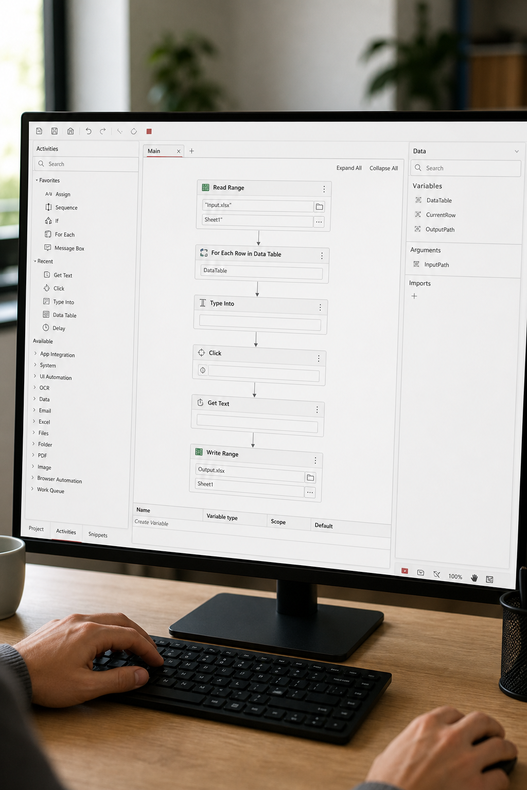 A photorealistic screenshot of a low‑code RPA drag‑and‑drop interface on a desktop, showing workflow blocks and data fie