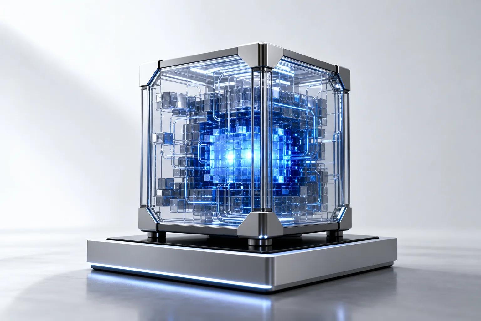 Abstract illustration of a glass and silver cube with blue light on a pedestal