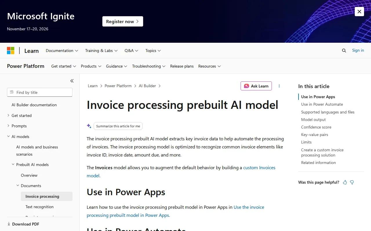 Screenshot of the Invoice processing prebuilt AI model by Microsoft website