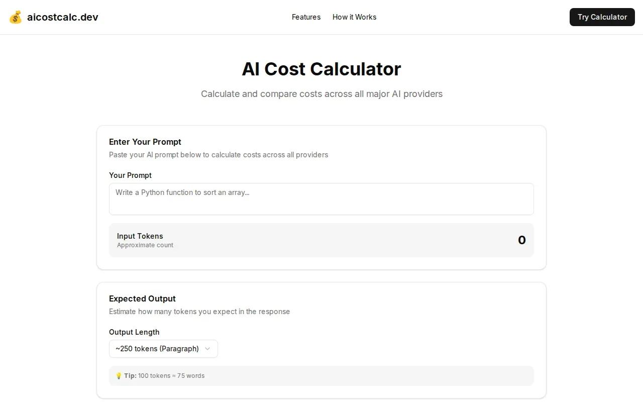 Screenshot of the AI Cost Calculator by aicostcalc.dev website