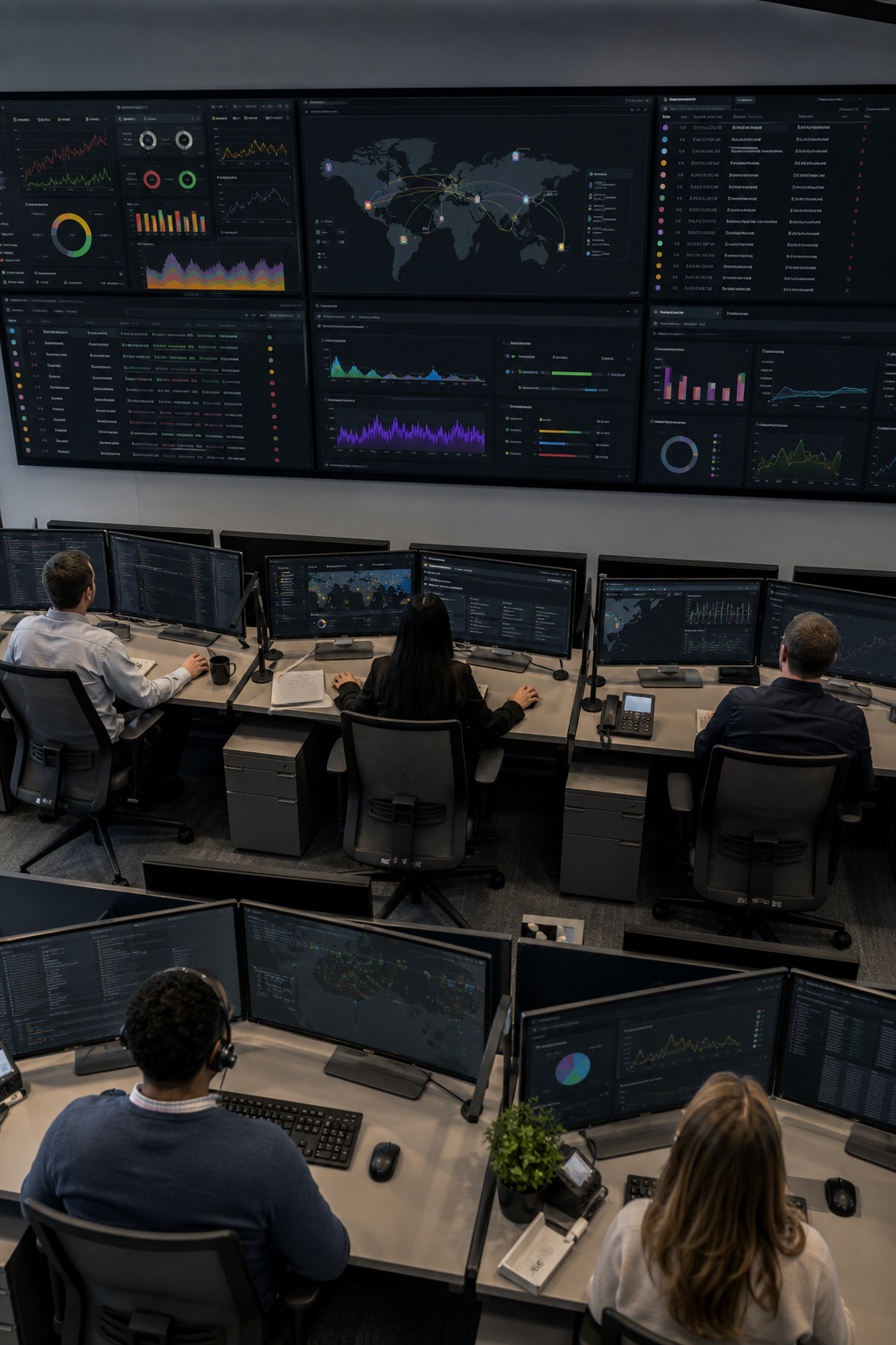 A photorealistic overhead view of a modern operations center , analysts viewing large monitors displaying real-time cloud infrastructure dashboards with colorful metrics, topology maps, and alert panels. Professional office environment, no readable phone numbers, no branded product labels. Alt: Multi-cloud management dashboard for large company asset visibility and monitoring.