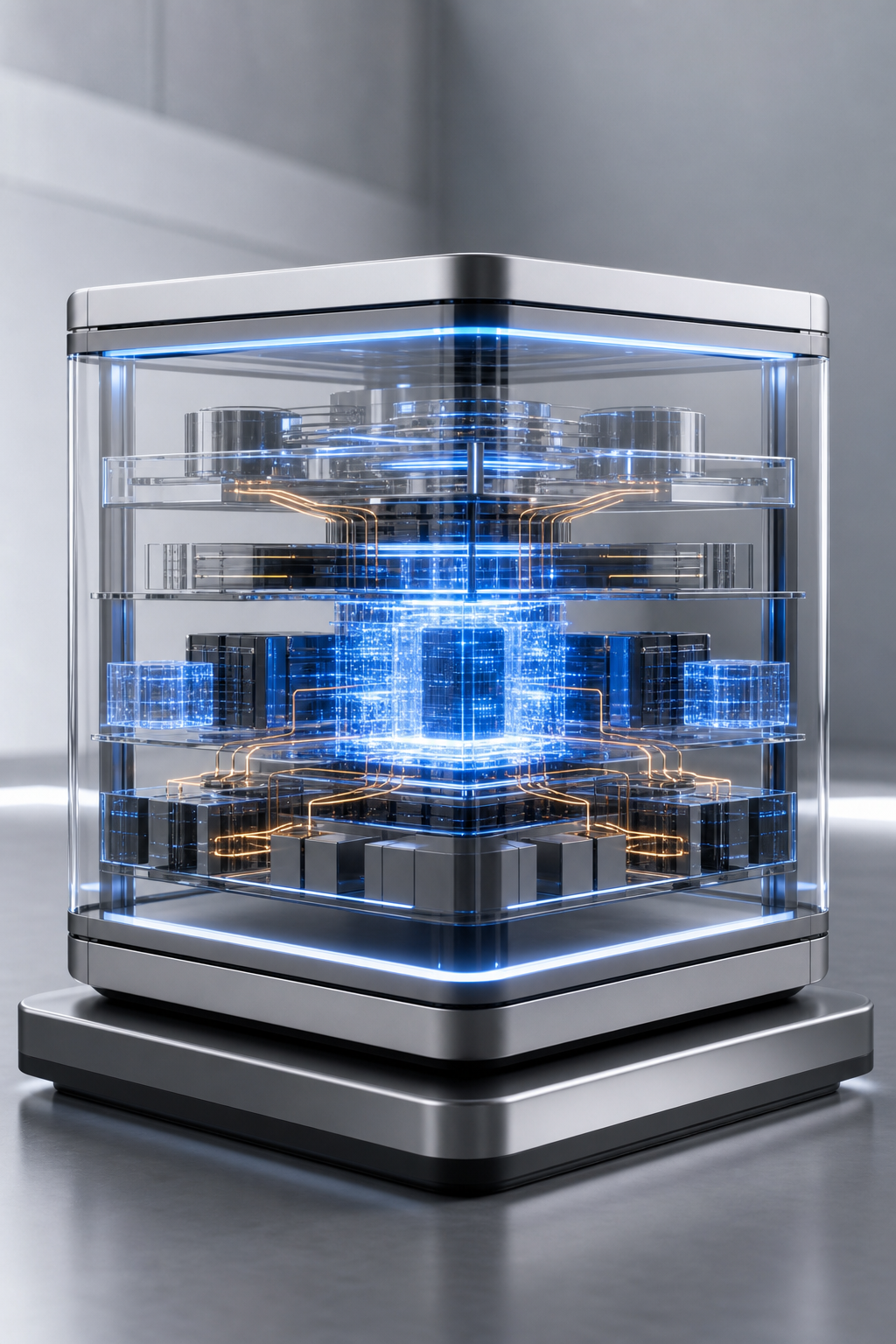 A clean 3D editorial illustration of layered data architecture inside a transparent glass server infrastructure, with glowing blue memory nodes and orange orchestration pathways connecting them, rendered in a dark enterprise environment with soft cinematic lighting. Alt: AI agent orchestration and memory architecture showing layered data flows and coordination pathways.