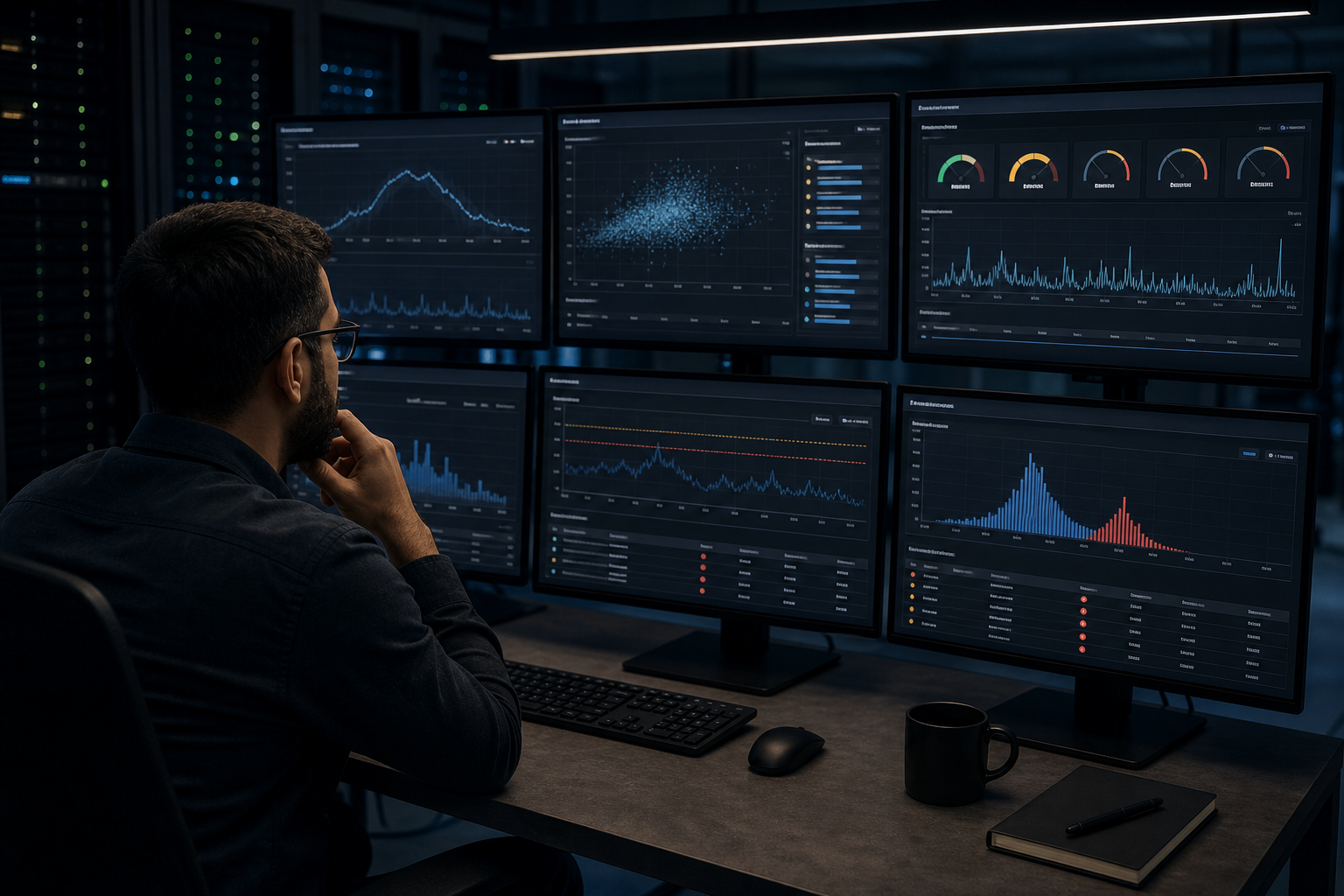 A realism-style photo of a data engineer reviewing AI model performance dashboards on multiple monitors in a dimly lit server room, showing drift metrics and alert thresholds. Alt: Data engineer monitoring AI model performance and drift in production environment.