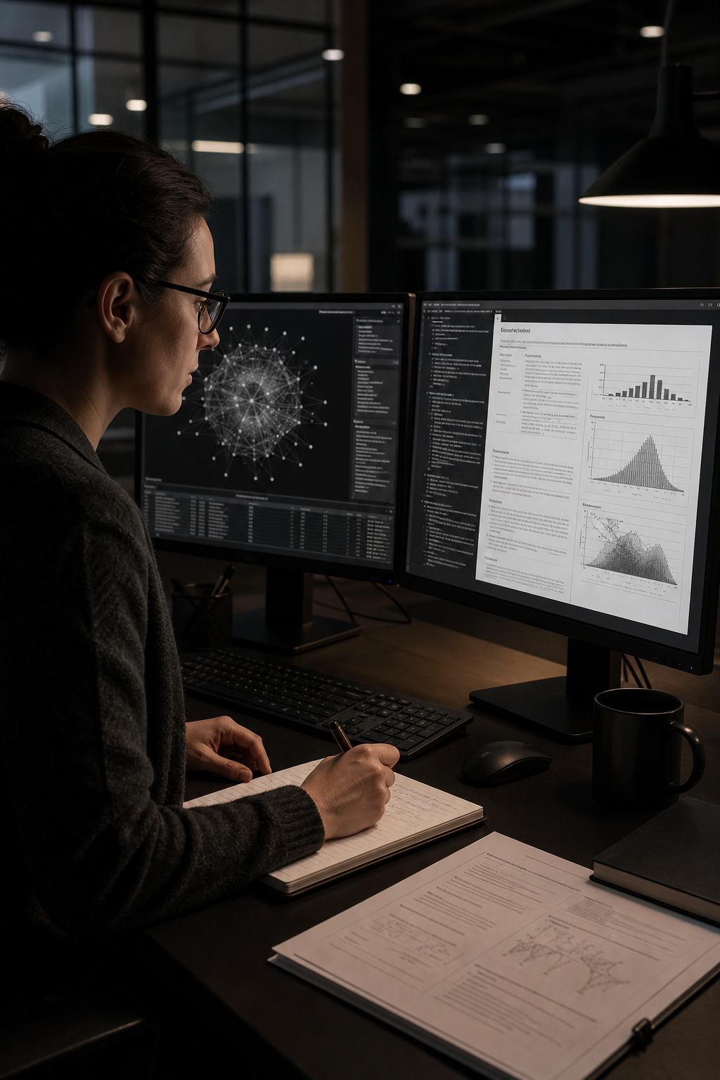 A focused consultant at a dual-monitor workstation analyzing generative AI model outputs and explainability audit logs, dimly lit modern office environment, technical documentation visible on screen. Alt: Boutique AI governance specialist auditing generative AI model explainability and risk