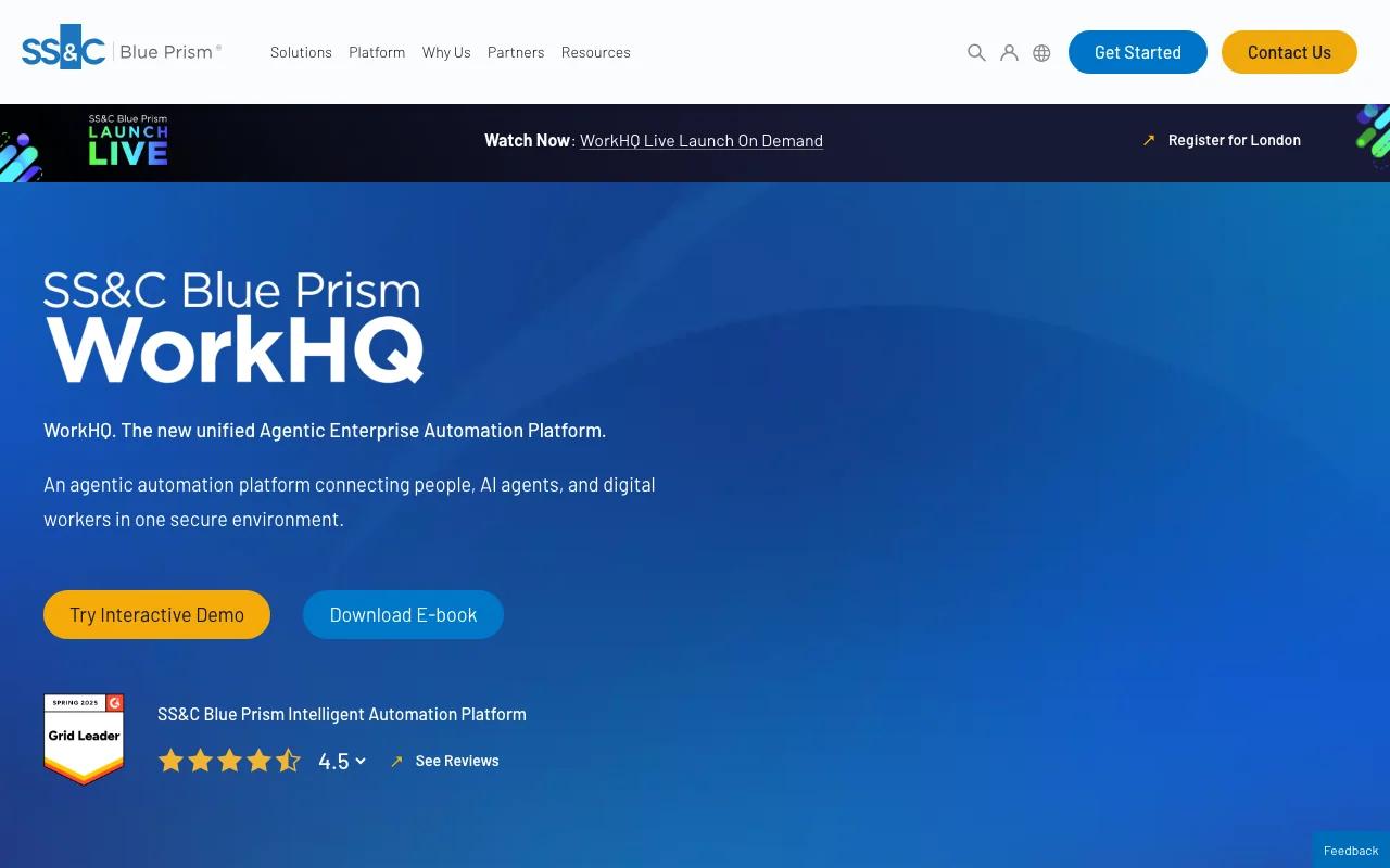 Screenshot of the SS&C Blue Prism WorkHQ website