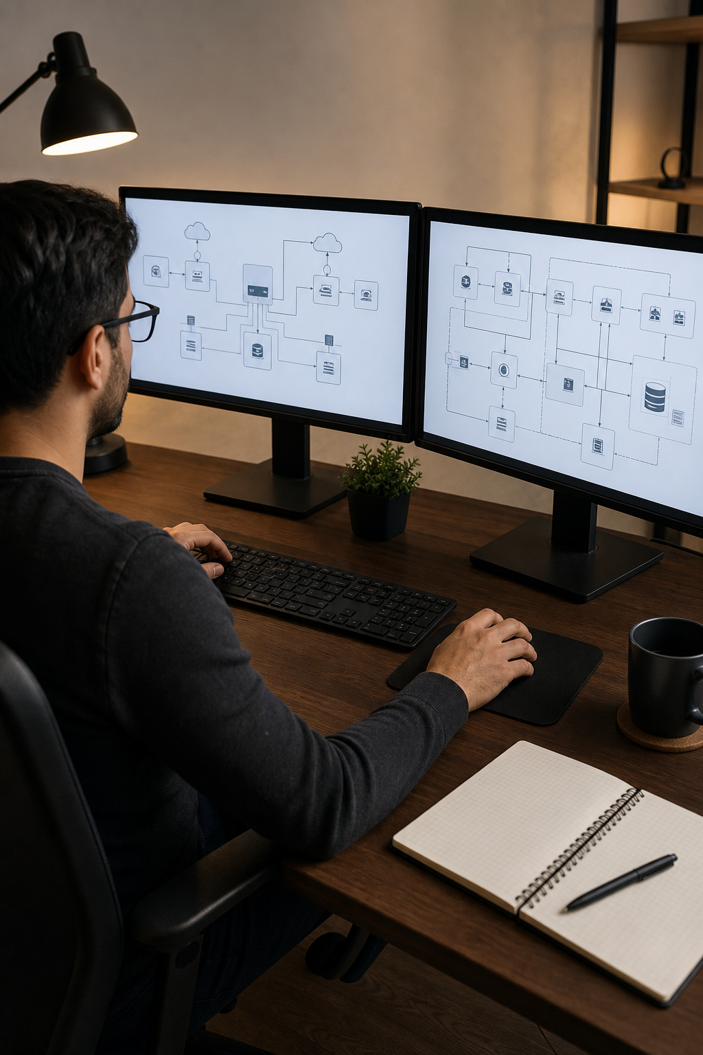 A photorealistic overhead view of a software engineer at a dual-monitor workstation reviewing integration architecture diagrams, showing enterprise system connection maps on screen, warm office lighting. Alt: Enterprise software integration planning for AI automation platform deployment.