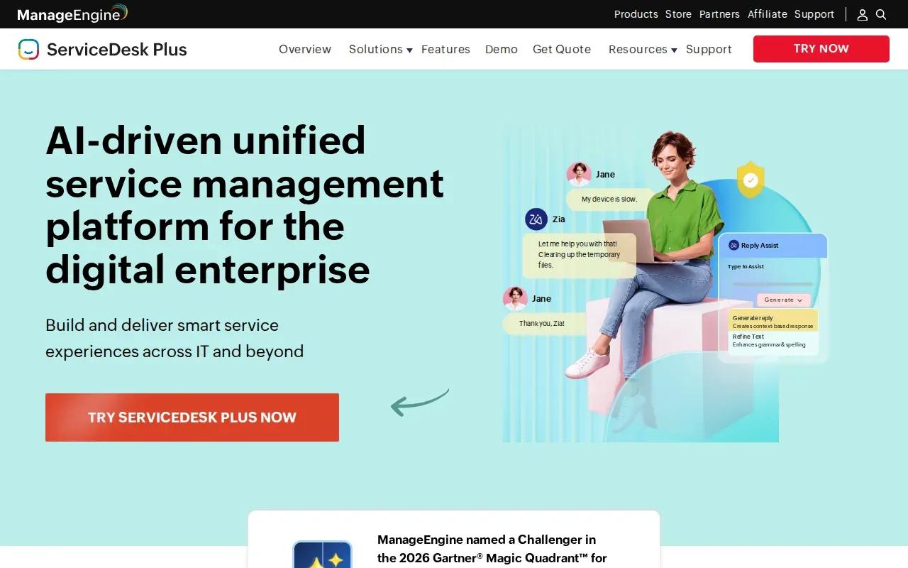 Screenshot of the ServiceDesk Plus by ManageEngine website