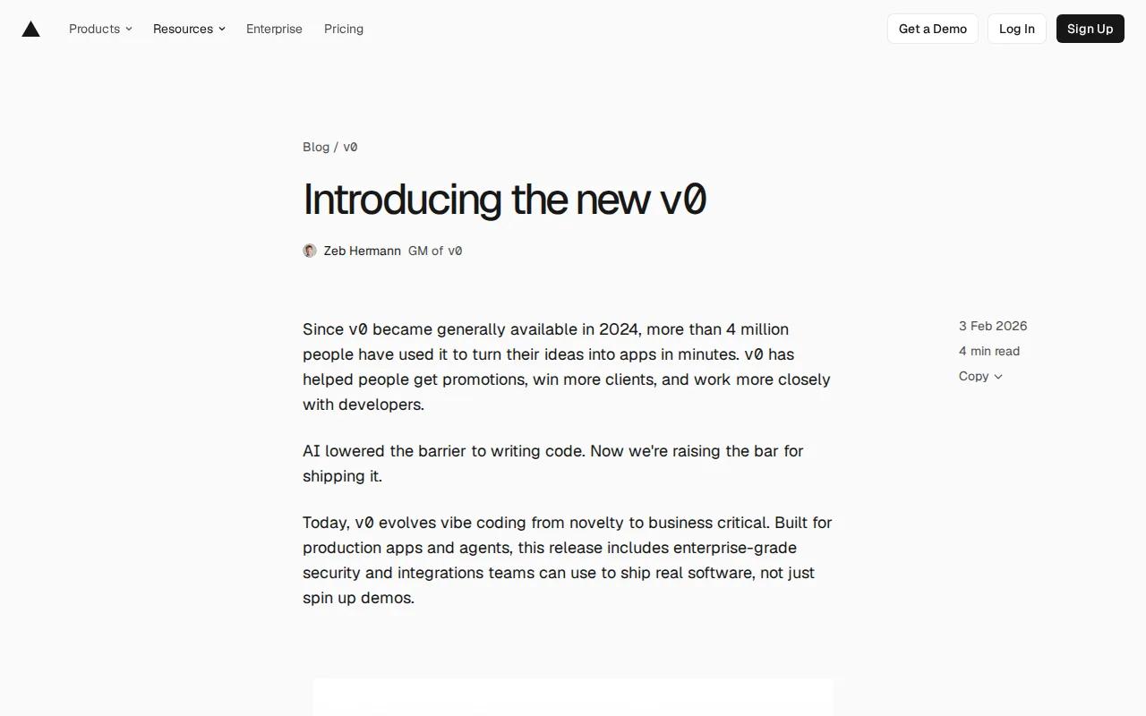 Screenshot of the Vercel v0 website