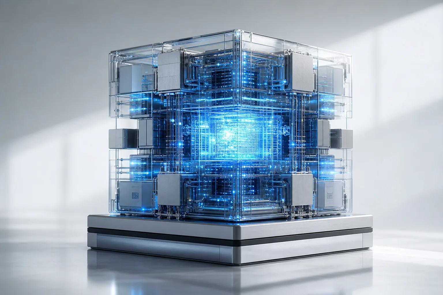Abstract illustration of a glass and silver cube with blue light on a pedestal