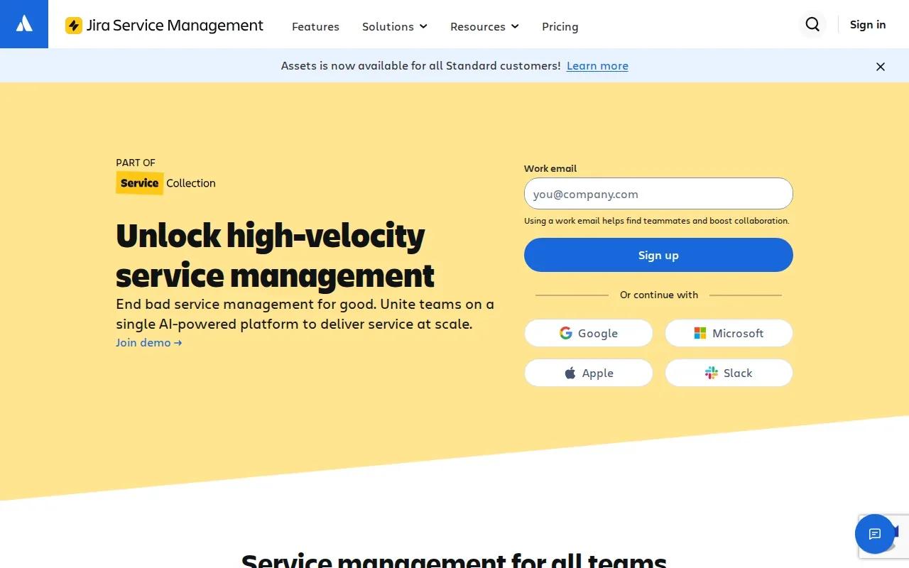 Screenshot of the Jira Service Management by Atlassian website