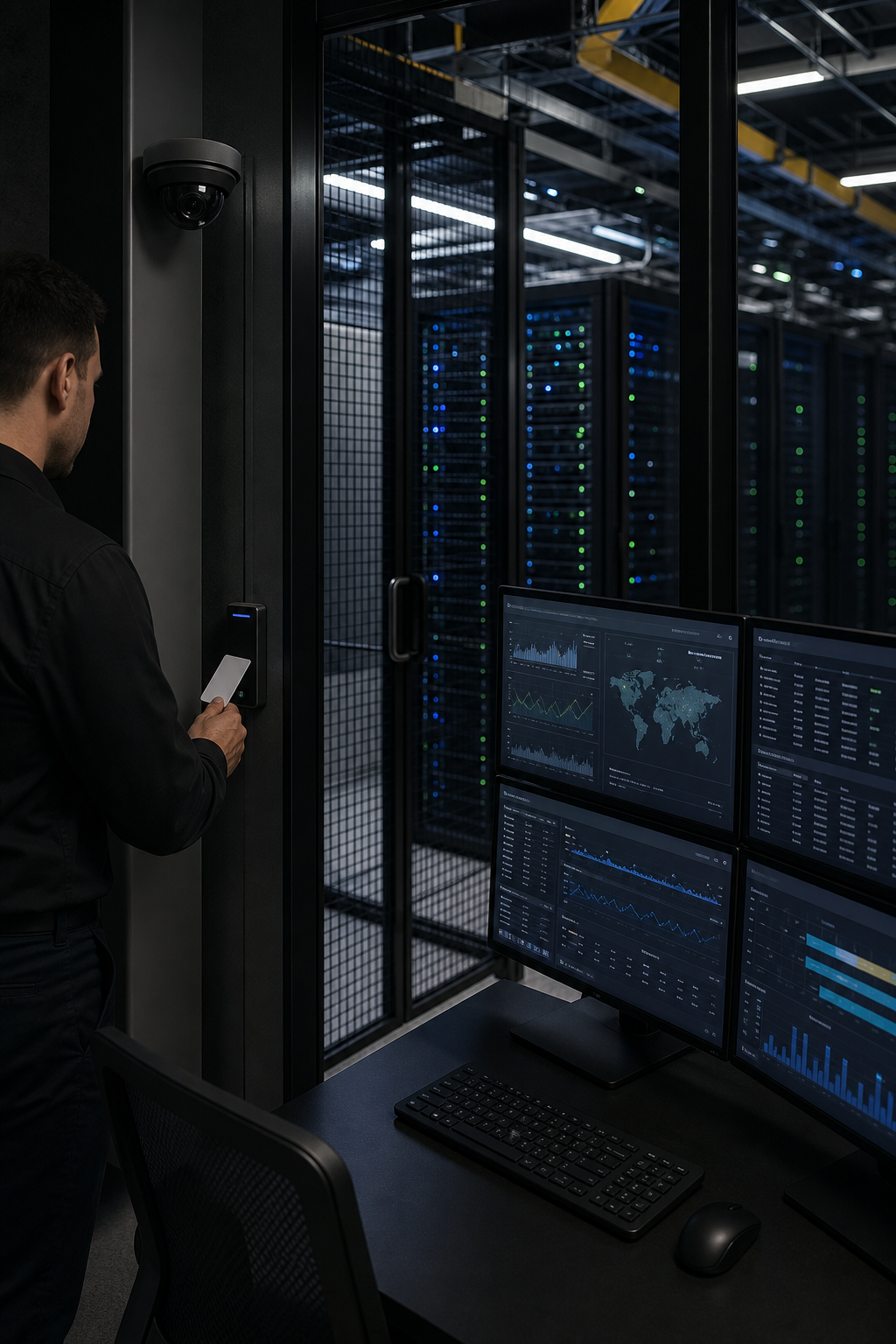 A photorealistic scene showing a secure enterprise data center with layered physical and digital security controls visible , key card readers, server racks with status lights, a monitoring workstation with multiple screens showing network traffic dashboards, set in a professional low-light environment. Alt: AI security controls in an enterprise data center protecting AI model infrastructure.
