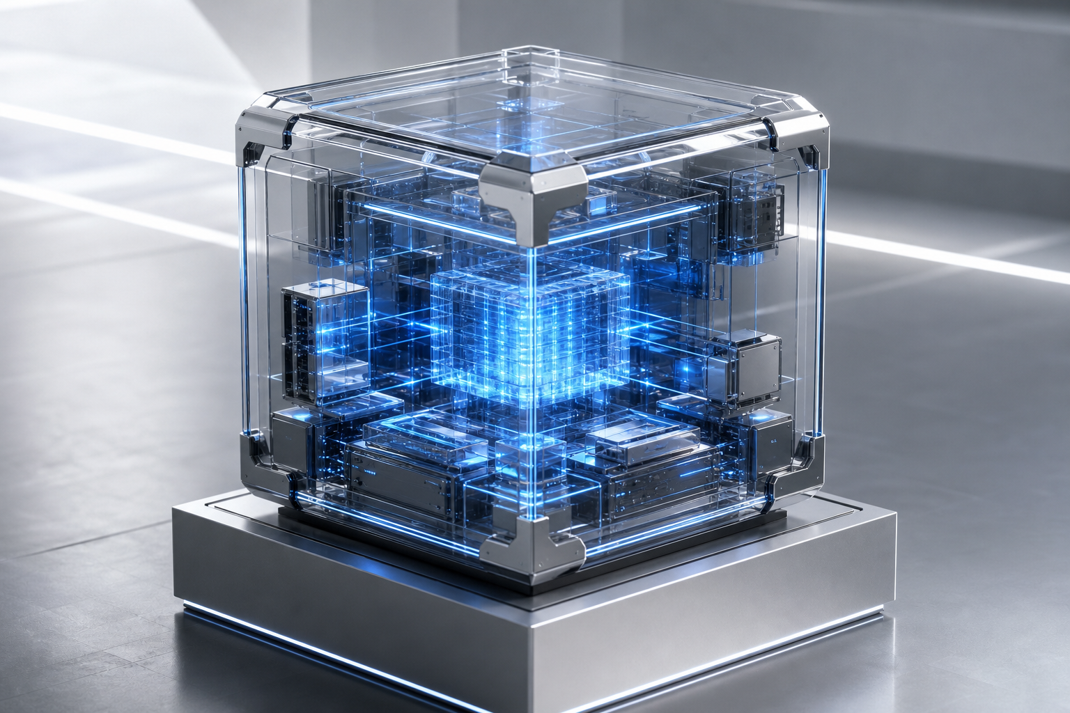A photorealistic editorial 3D illustration showing a layered cloud security control framework: transparent glass panels representing preventive, detective, and corrective control tiers, each glowing with soft electric-blue or amber light, arranged in a structured stack above a dark server infrastructure base. Clean cinematic lighting, sharp depth of field, no text or people. Alt: preventive and detective cloud security controls applied across cloud workloads.
