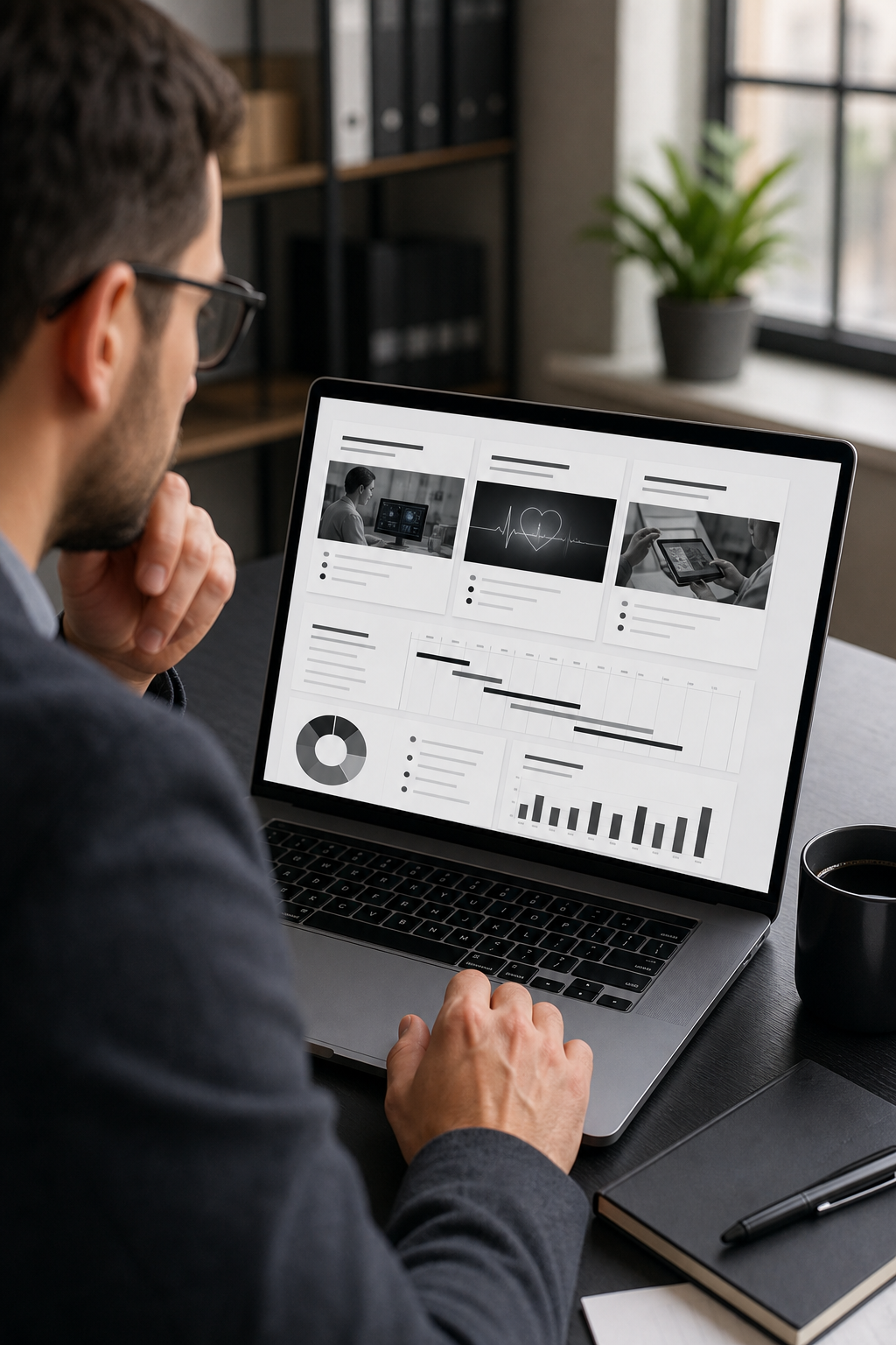 A professional reviewing a portfolio of case studies on a laptop in a clean office setting, with charts and project timelines visible on screen. Alt: Reviewing AI development company track record and case studies.