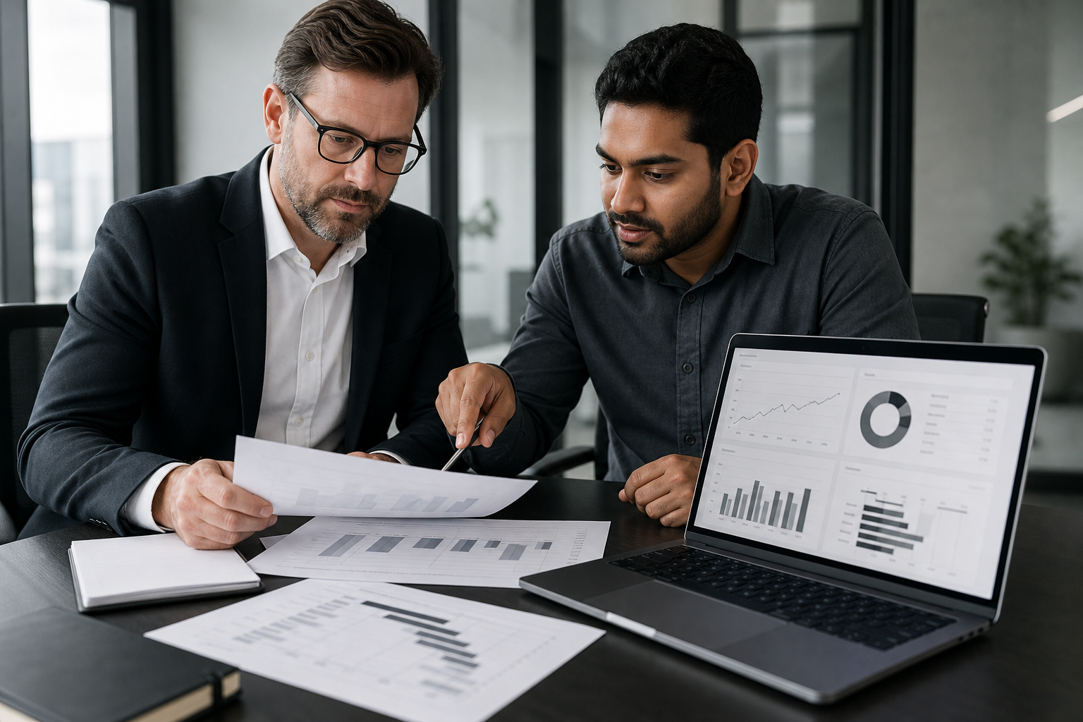 A realistic business setting where a founder and a technical consultant review a printed ROI report and production timeline on a conference table, with a laptop showing charts and KPI dashboards. Natural office lighting, focused and professional atmosphere. Alt: Business leader and AI consultant reviewing ROI projections and production timeline for an AI development project.