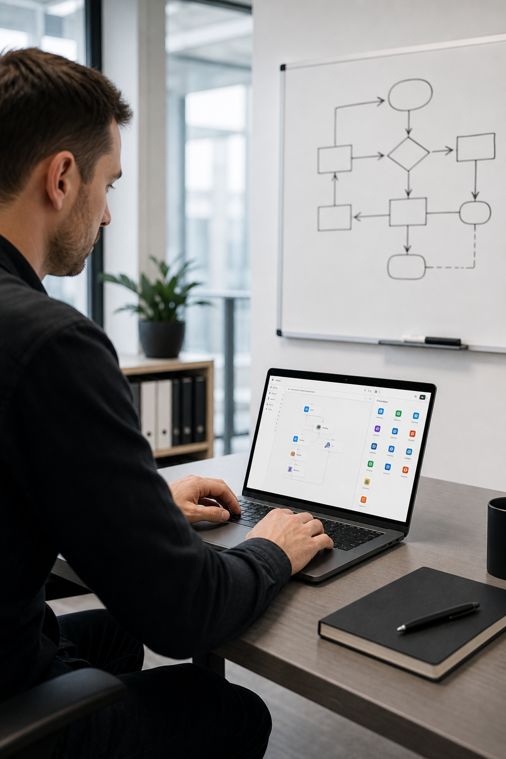 A photorealistic office scene showing a business analyst using a low-code automation workflow builder on a laptop, with Microsoft 365 application icons visible on screen and a whiteboard with a process flow diagram in the background. Alt: Business analyst building low-code automation workflows with Microsoft Power Automate inside the M365 environment.