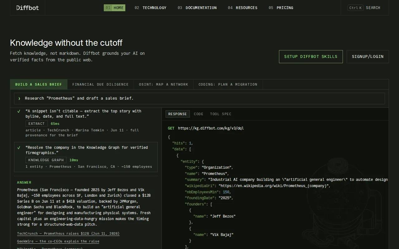 Screenshot of the Diffbot website