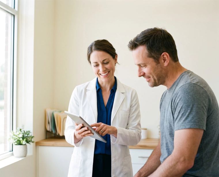A chiropractor reviewing treatment notes on a tablet with a patient in a bright clinic room.