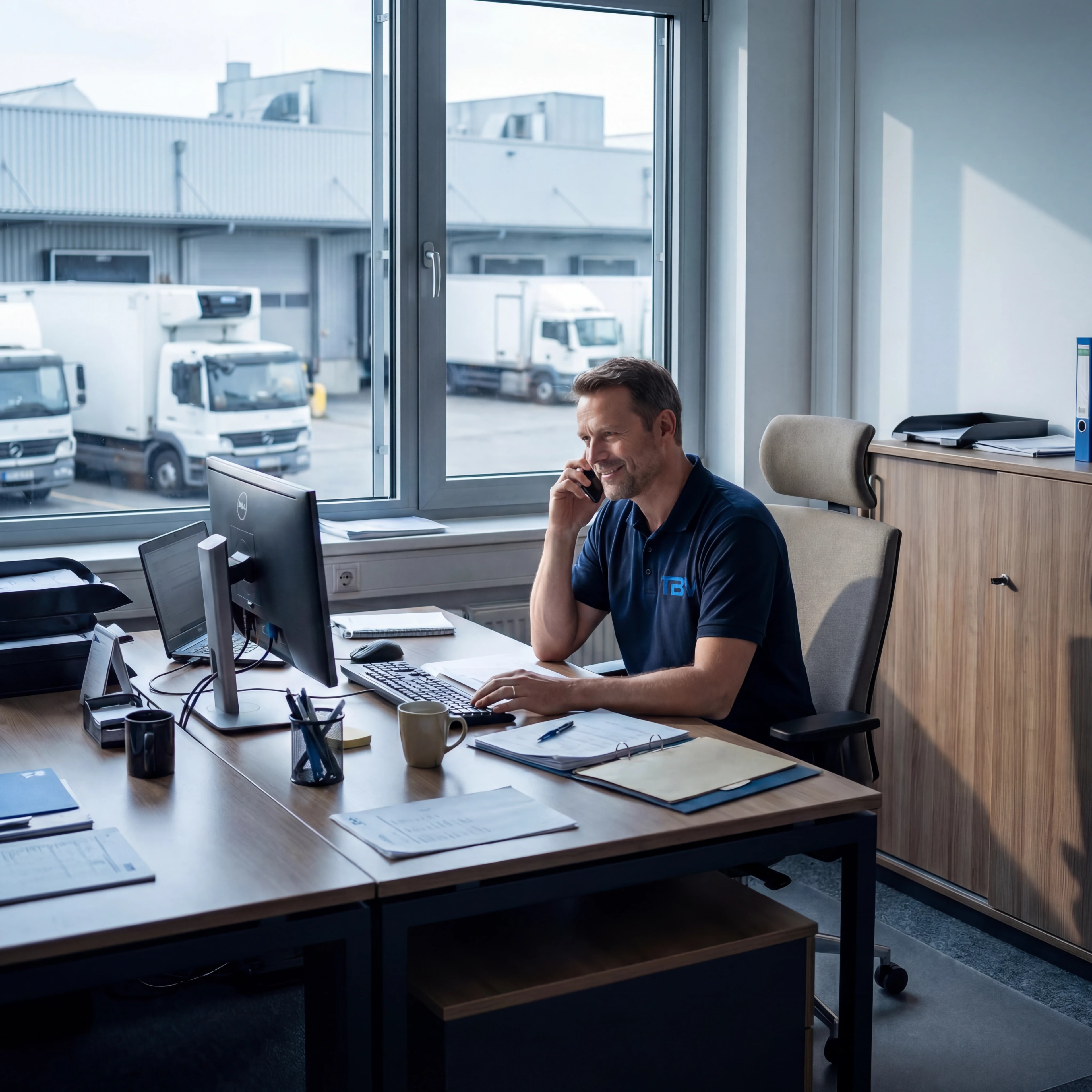 TBV-Vertriebsmitarbeiter im Telefongespräch mit Blick auf den Werkshof in Willstätt