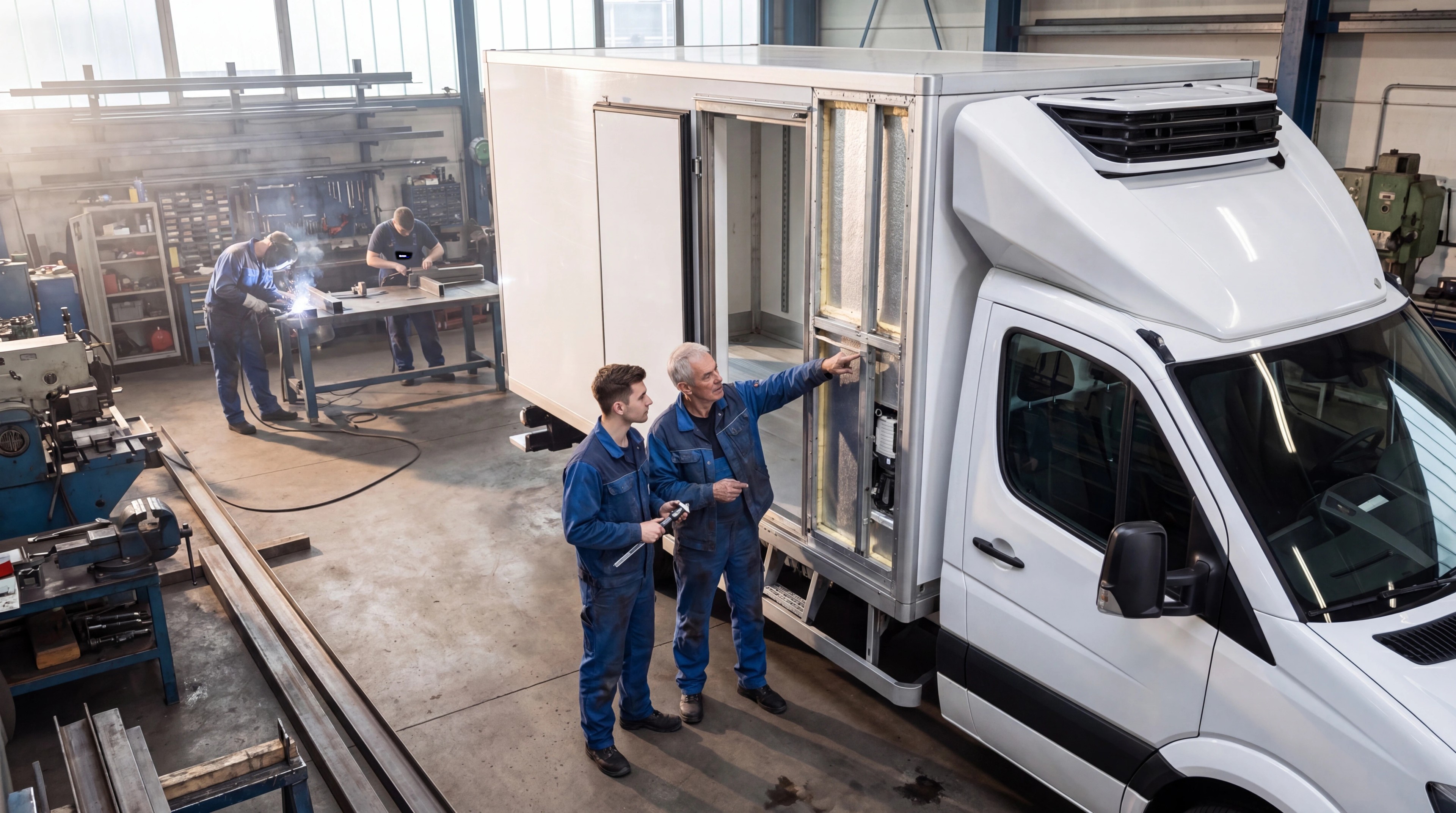 TBV-Meister erklärt Auszubildenden den Aufbau eines Kühlkoffers in der Werkshalle