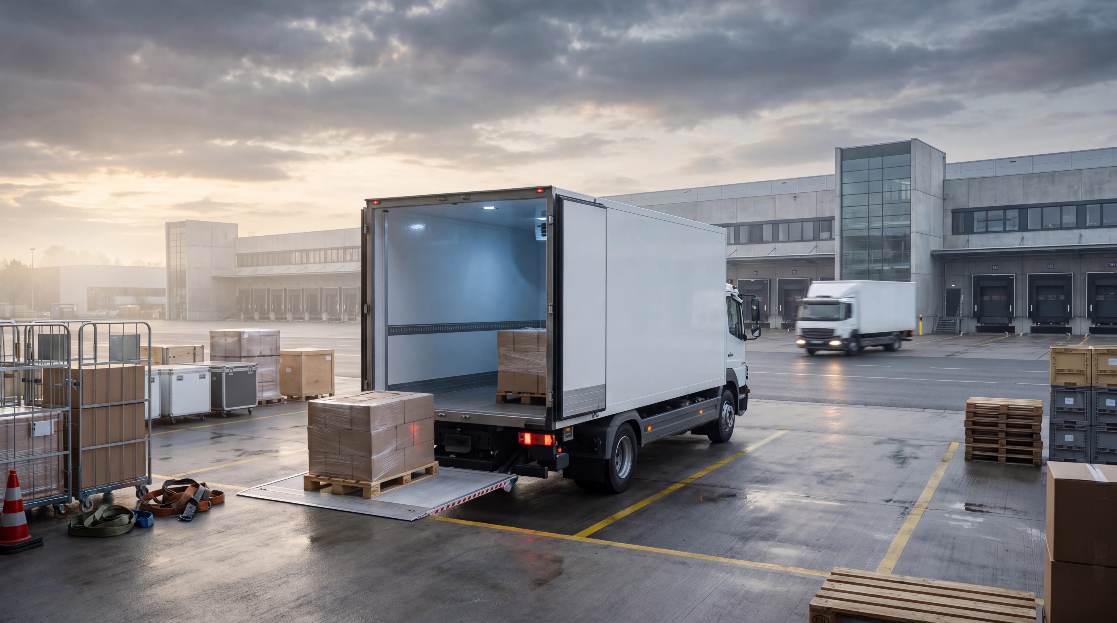 Véhicule frigorifique TBV devant un centre de distribution logistique
