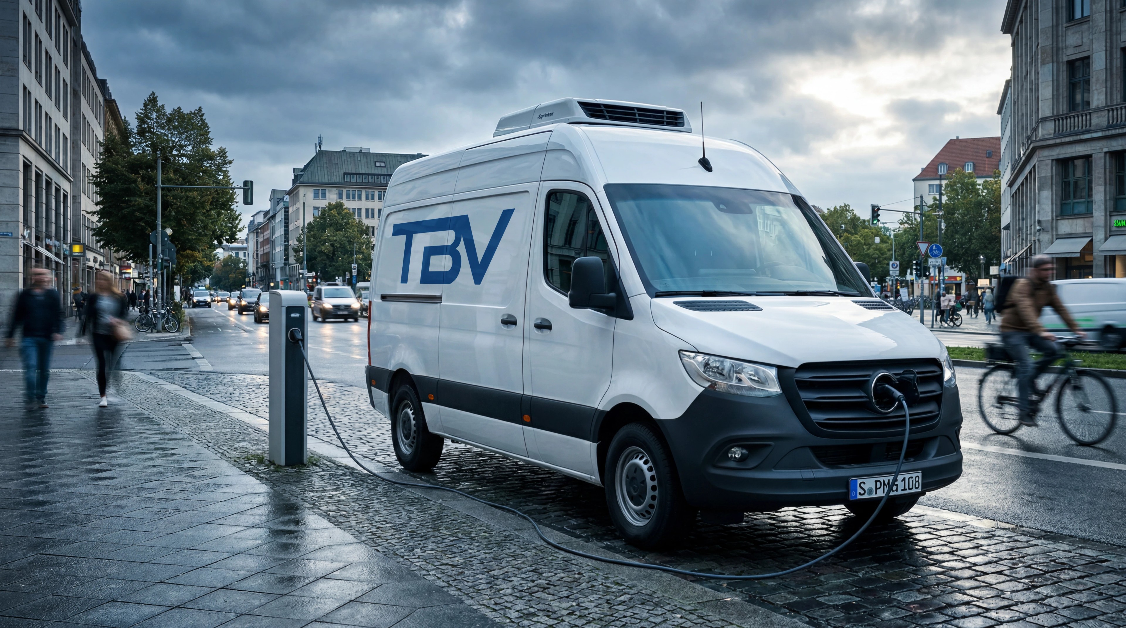 TBV eSprinter Kühlfahrzeug an einer Elektro-Ladestation in der Innenstadt