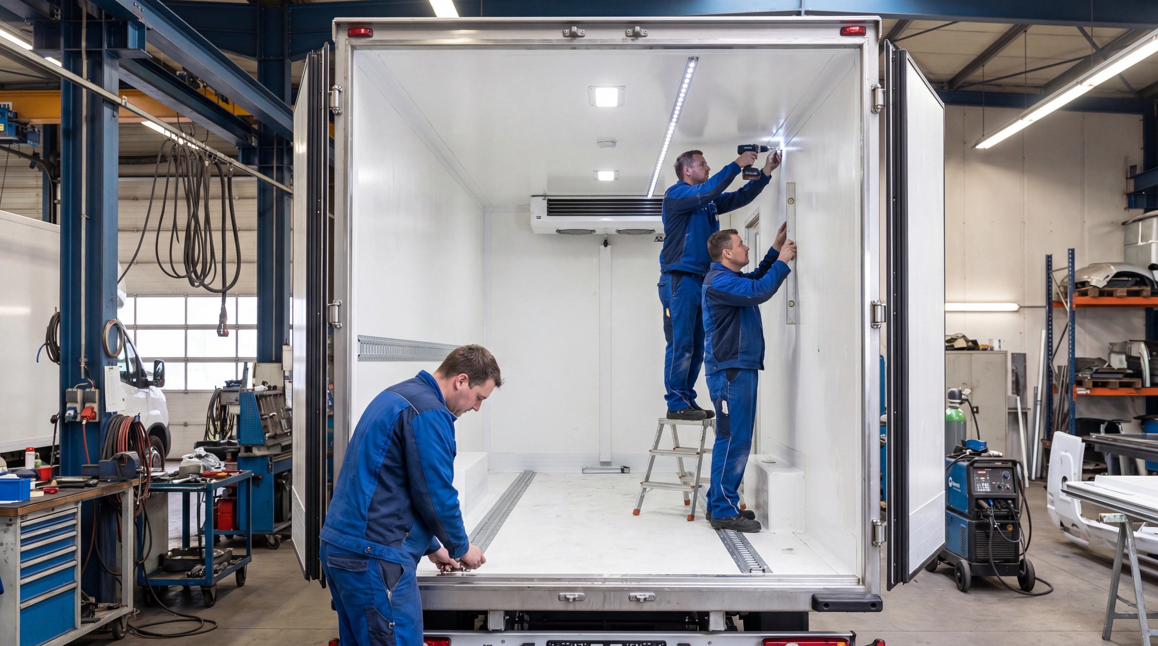TBV-Mitarbeiter beim Innenausbau eines Kühlkoffers in der Werkshalle in Willstätt