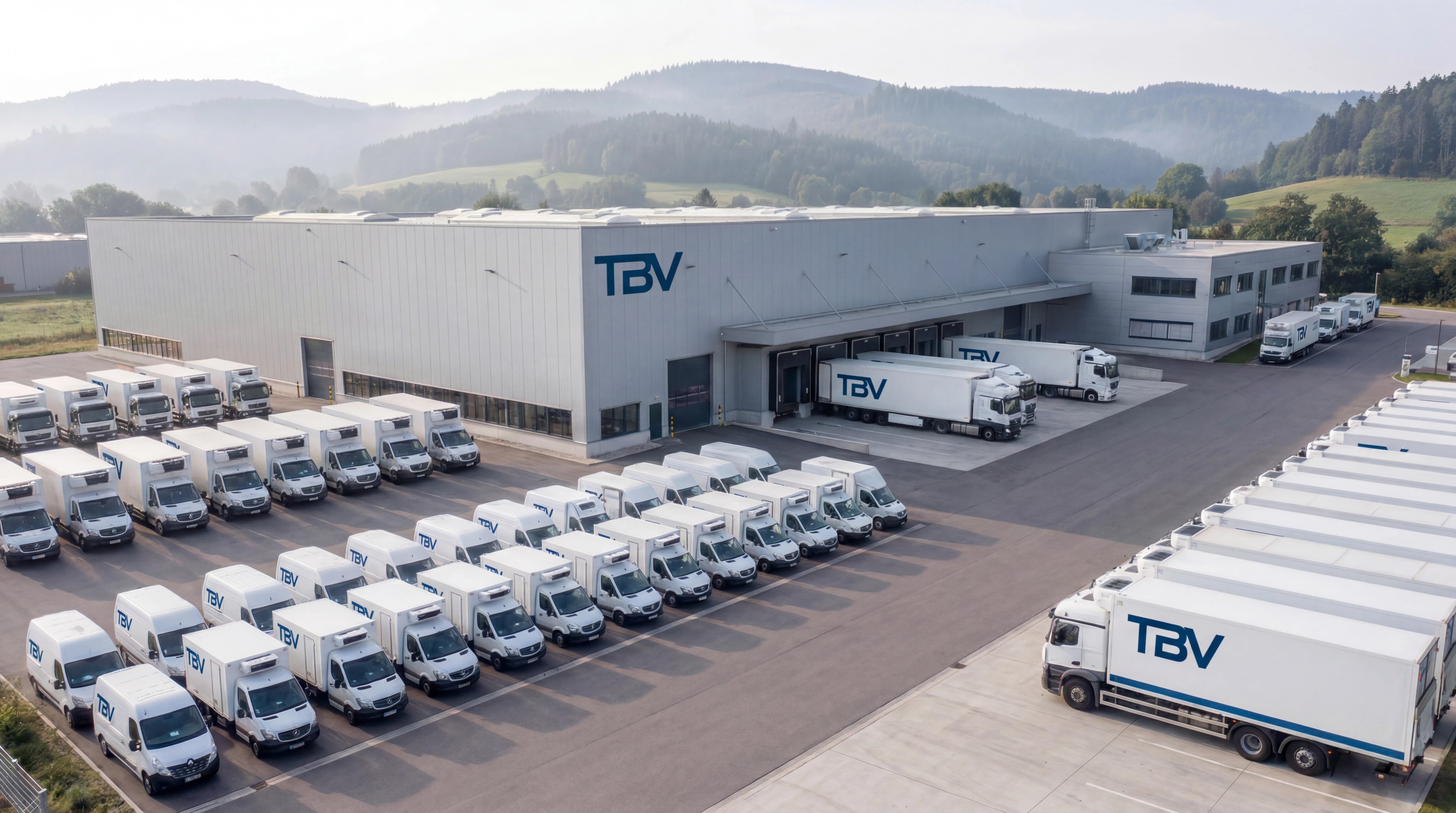 TBV-Werksgelände mit Sattelzügen und eSprinter-Flotte aus der Vogelperspektive