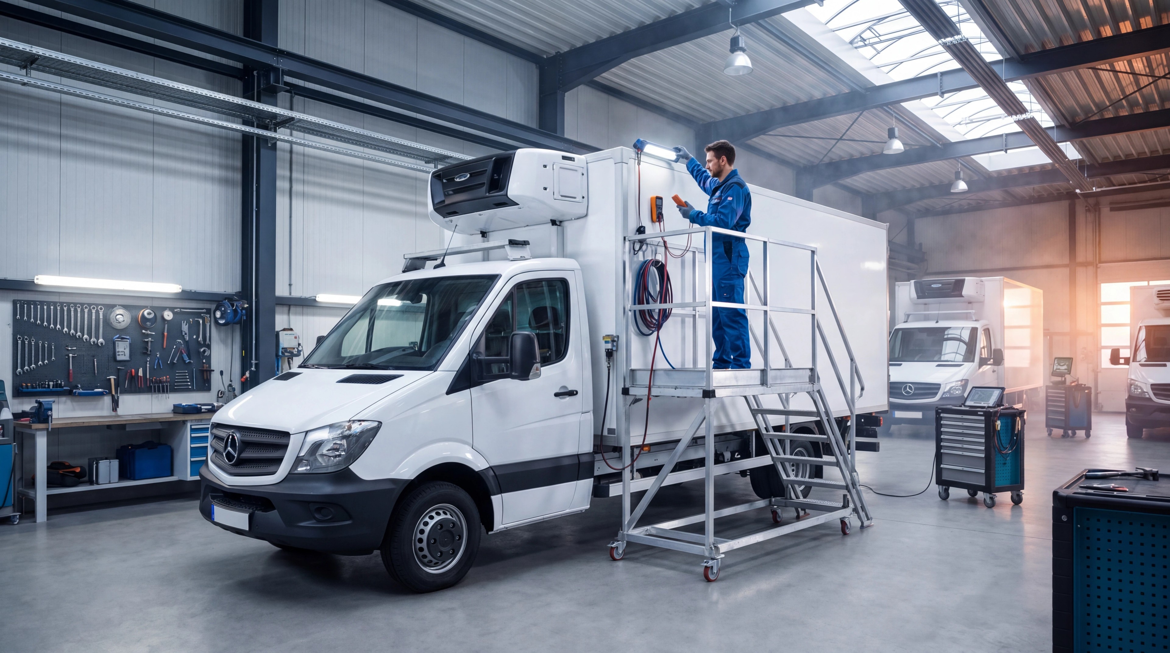 TBV-Service-Mechaniker an einem Kühlfahrzeug auf der Hebebühne