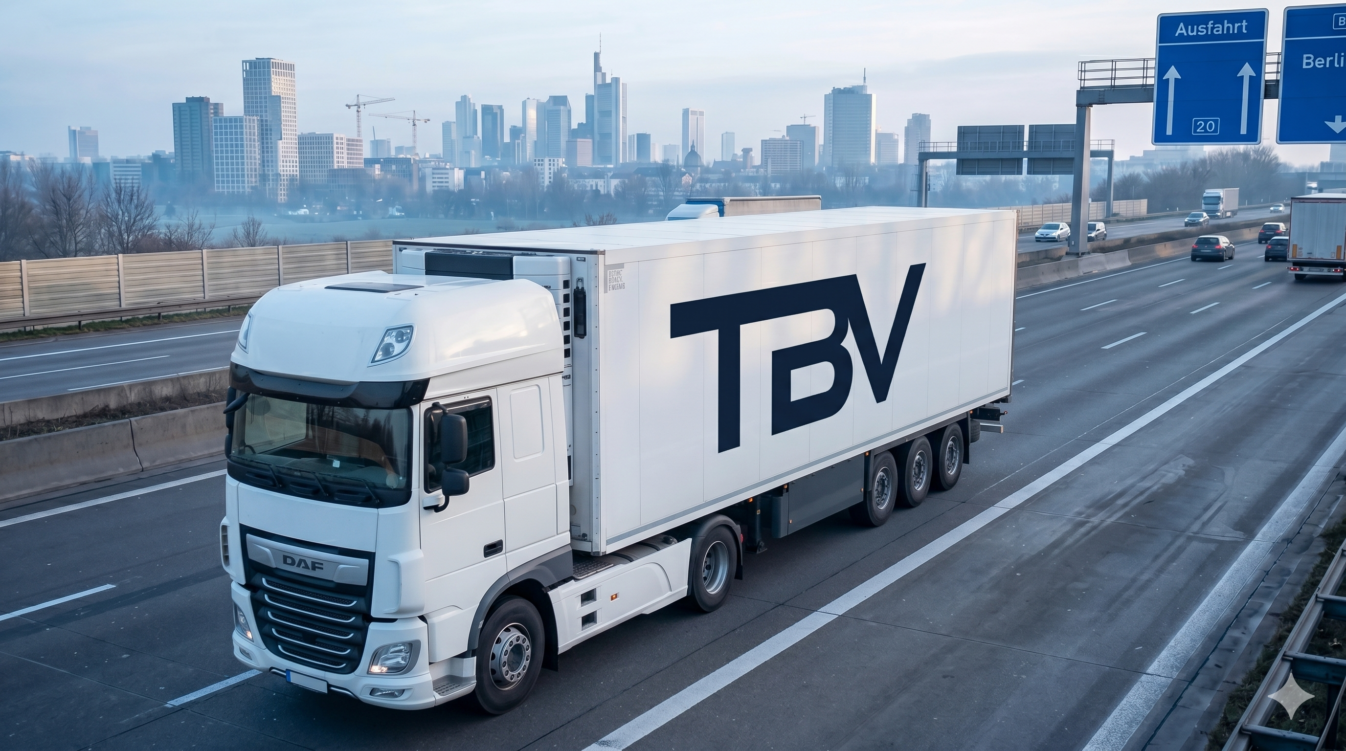 TBV-Kühlsattelzug mit Kühlkofferaufbau auf der Autobahn vor Frankfurter Skyline