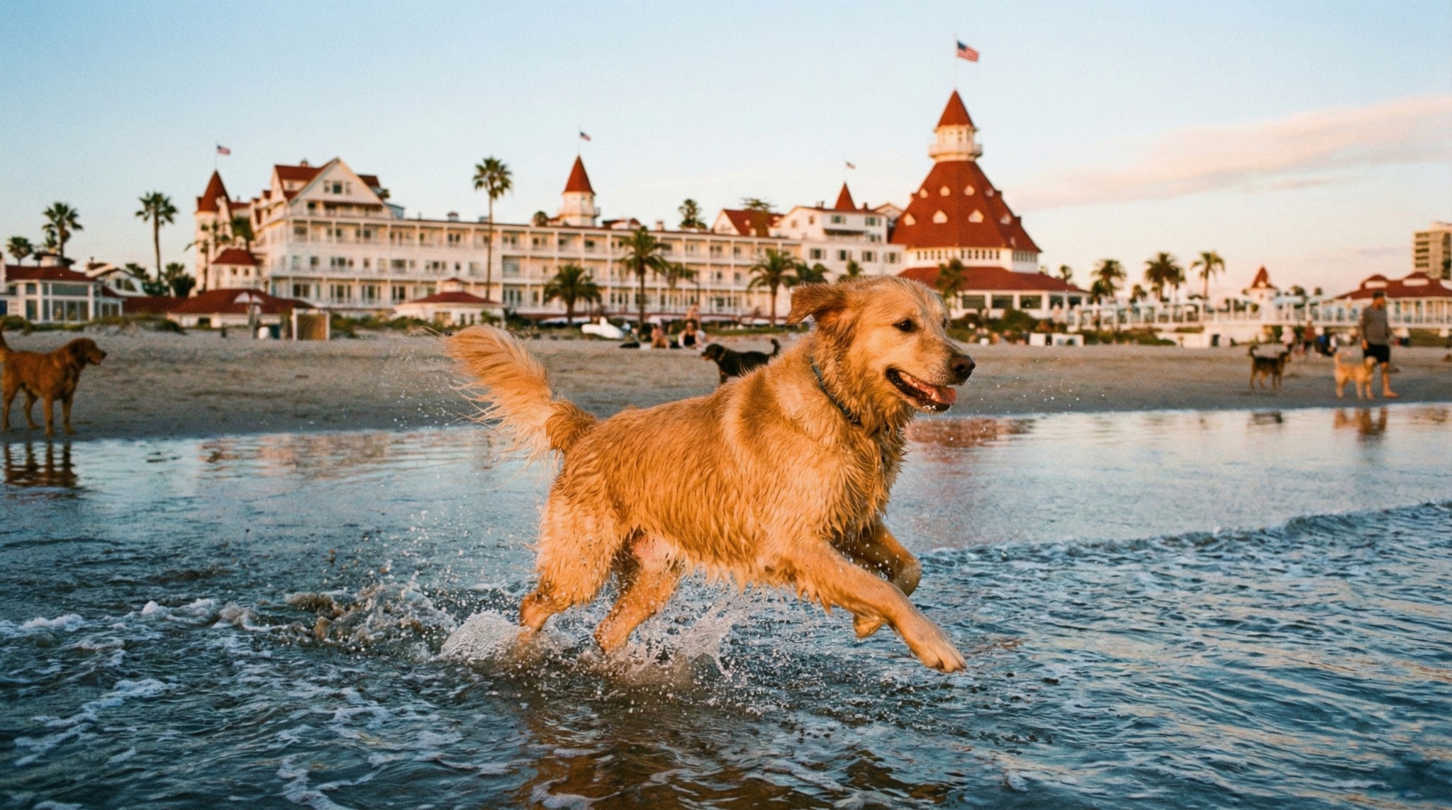Dogs playing off-leash at Ocean Beach Dog Beach in San Diego