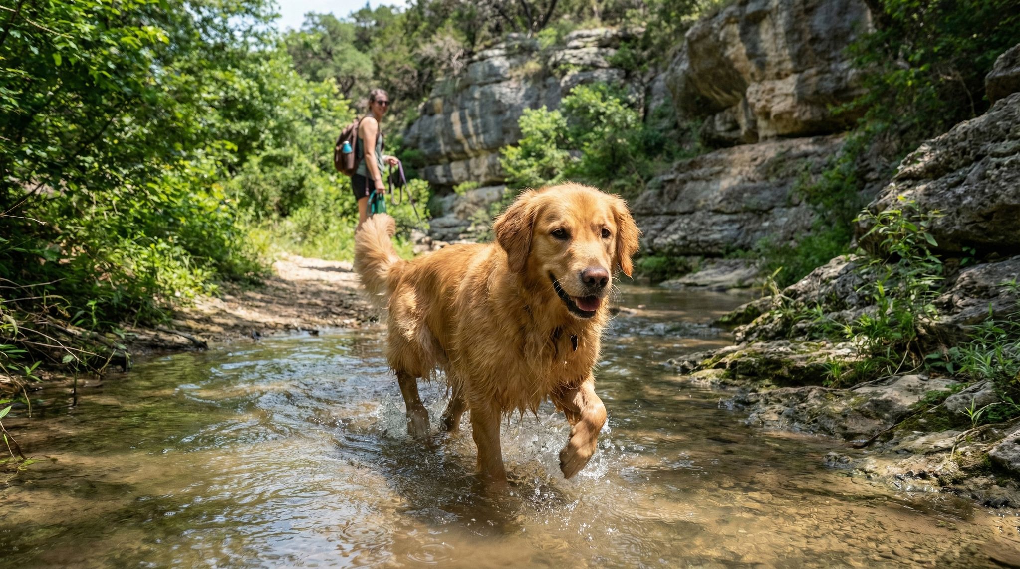Dog walking in creek