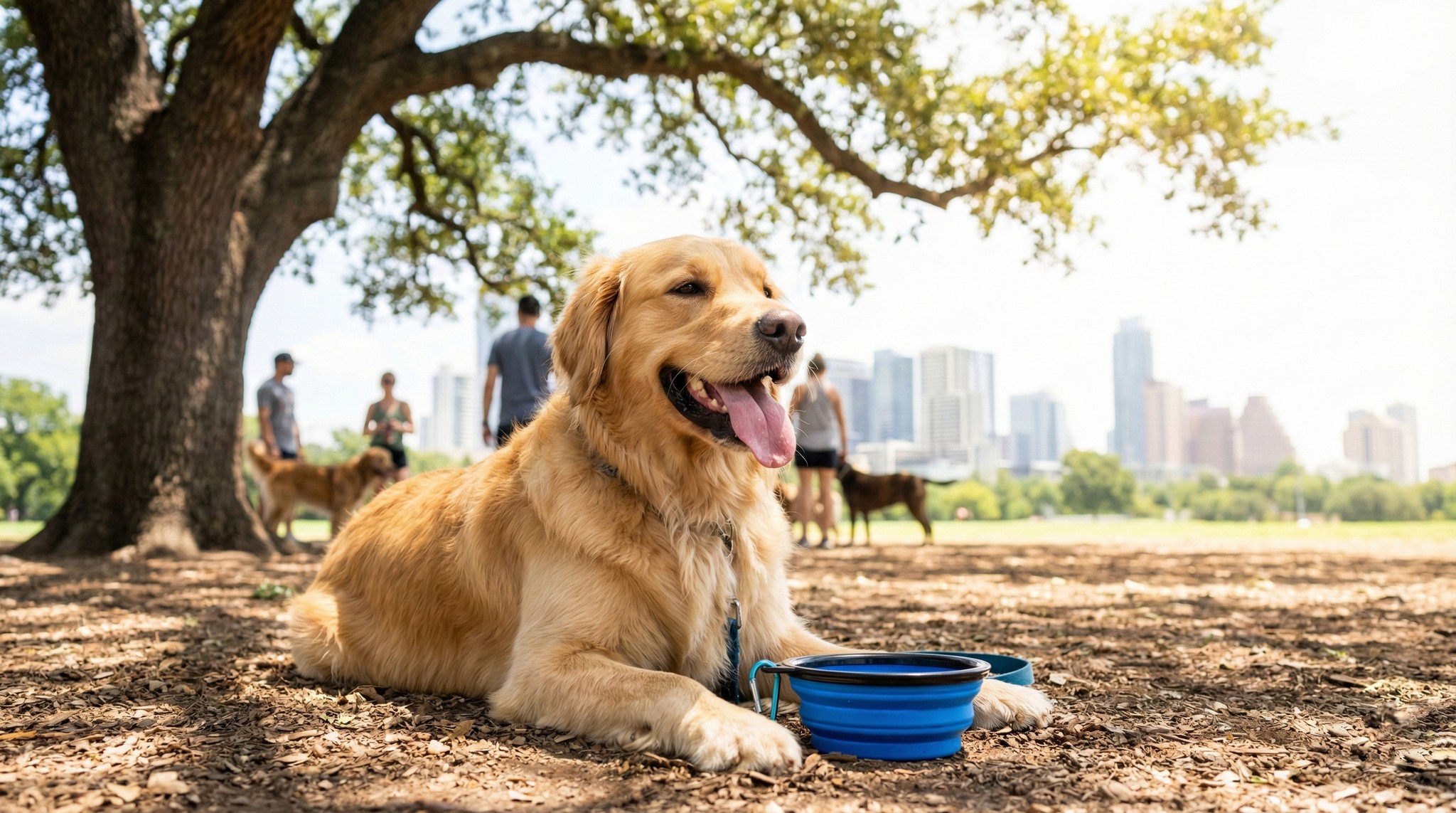 Dog staying cool in Austin summer heat under a shaded tree