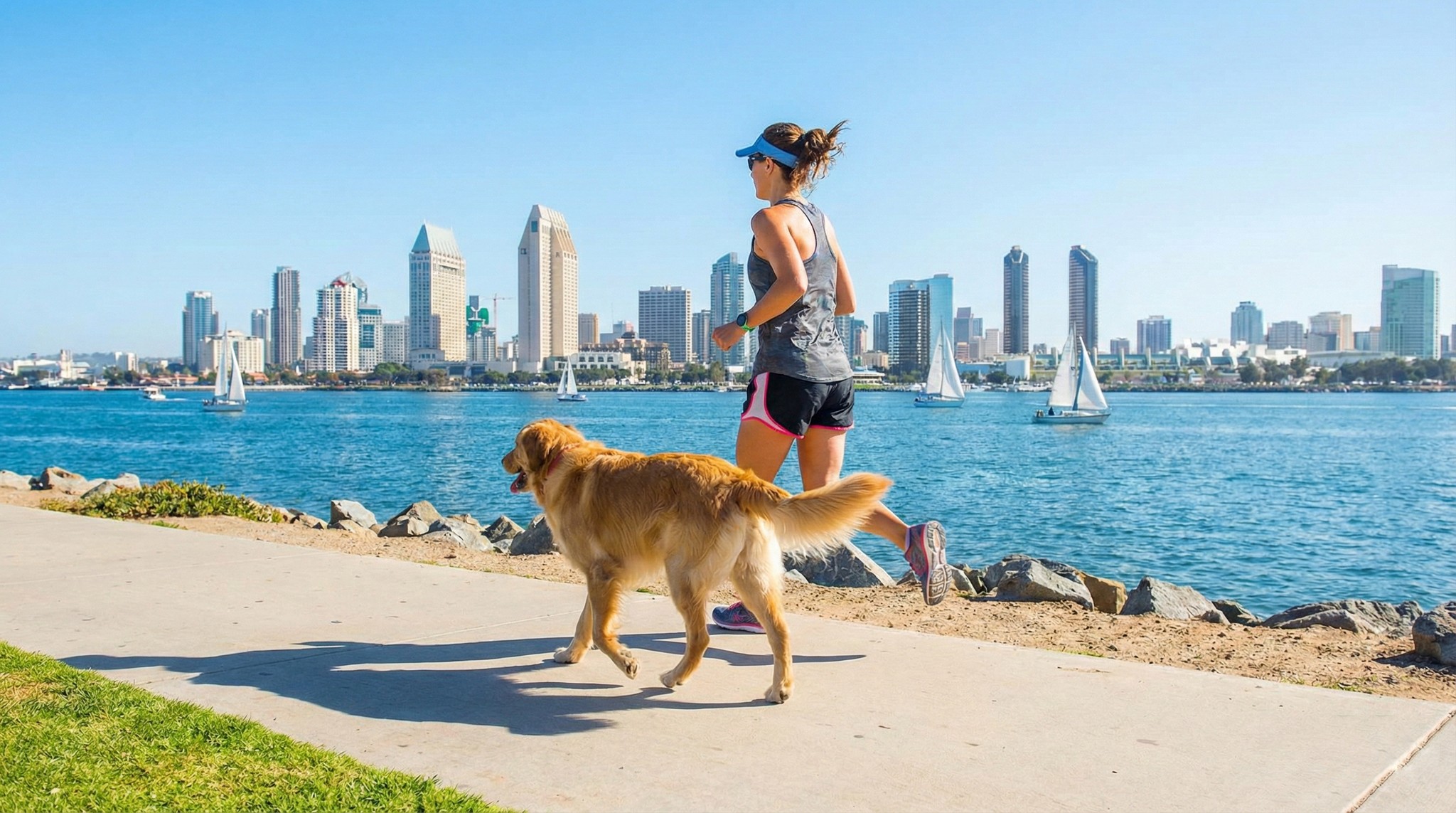 Dog-friendly running trail along San Diego Bay with owner and dog jogging together