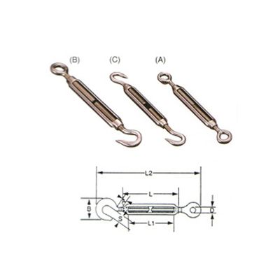 SS930 316 stainless steel frame turnbuckles with eye and hook ends, photo with dimension drawing