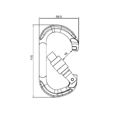 Karabiner A12110KSG, Maßzeichnung, 115 x 59.5 mm mit 18 mm Öffnungsweite