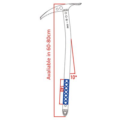 Disegno quotato della piccozza A960 con la gamma di lunghezze 60–80 cm