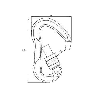 Karabiner A12224KSG, Maßzeichnung, 119 x 78 mm mit 22 mm Öffnungsweite