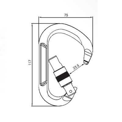 Karabiner A12117KSG, Maßzeichnung, 117 x 75 mm mit 23.5 mm Öffnungsweite