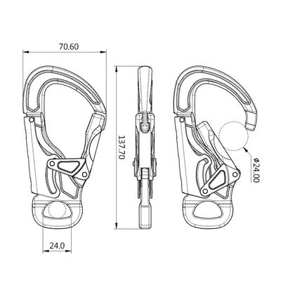 A729 snap hook dimension drawing, front and side views