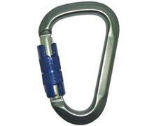 Mosquetón en forma de pera B712K de aluminio gris con casquillo de bloqueo azul