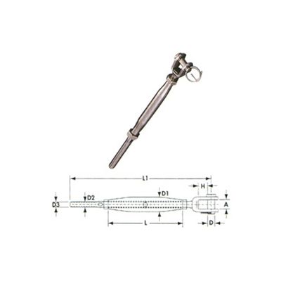 Tensor de tubo SS4823 de acero inoxidable 316 con horquilla y terminal, foto con plano acotado