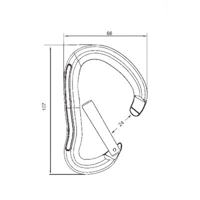 Karabiner B214K, Maßzeichnung, 107 x 66 mm mit 24 mm Öffnungsweite