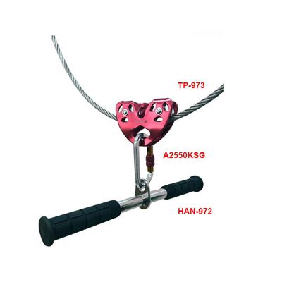 HAN-972 handlebar hung below a TP-973 pulley on a zip line